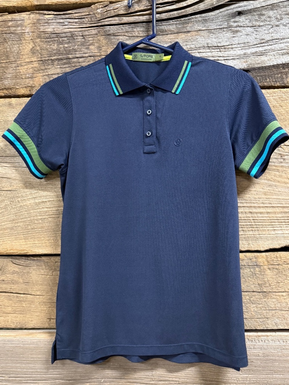 G/Fore athletic polo shirt, navy with stripes on collar and sleeves, Small